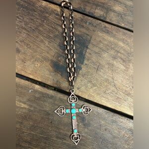 Turquoise and Bronze Cross Pendant Necklace